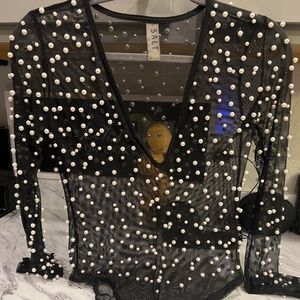 Black Sheer W/Pearls Bodysuit Top SOLD!!!!